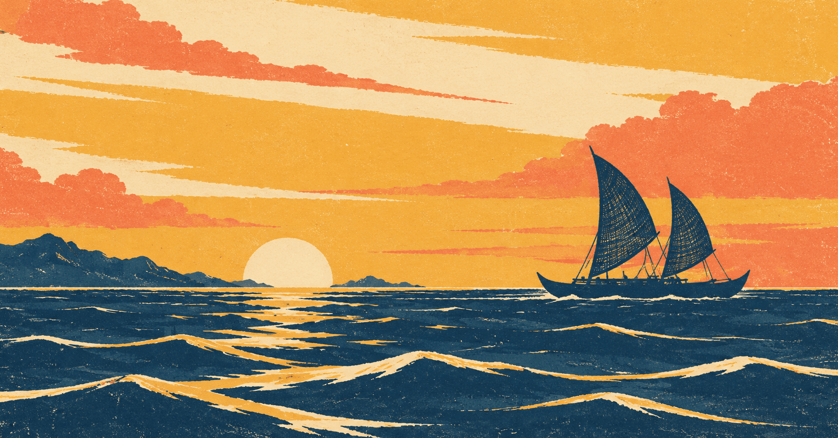 Polynesian voyaging canoe under a wide sunset sky