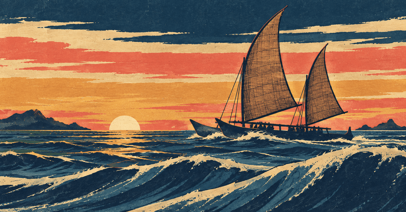 Polynesian voyaging canoe running before a storm swell