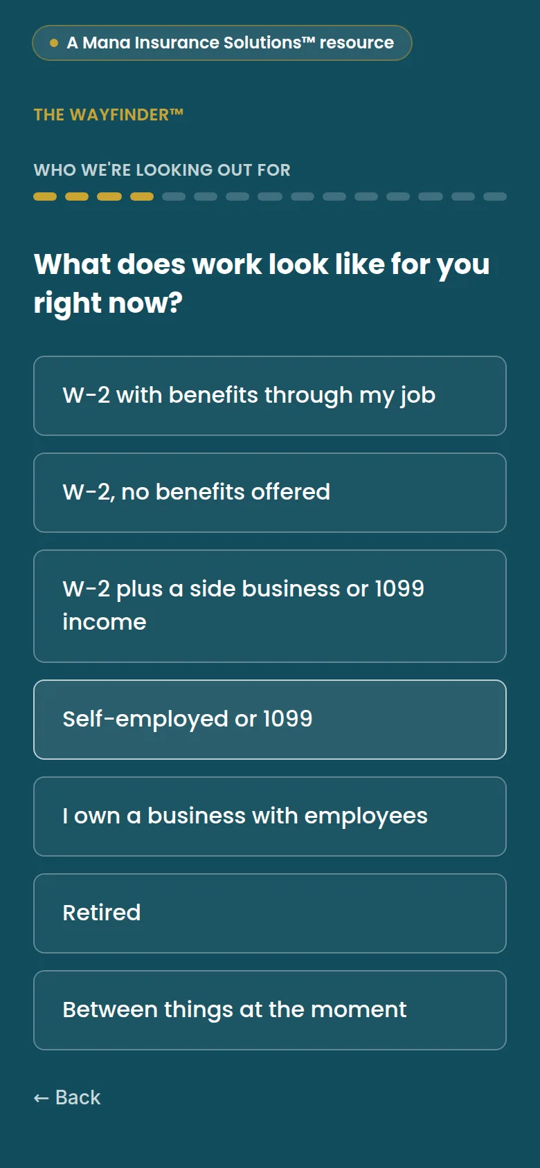The Wayfinder self-assessment on a phone, asking an individual what work looks like for them right now, with a progress bar and answer choices.